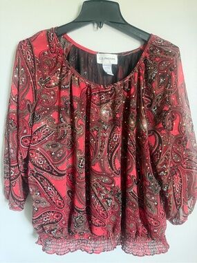 CD Petites Red Paisley Blouson Top with Gold accents size XL